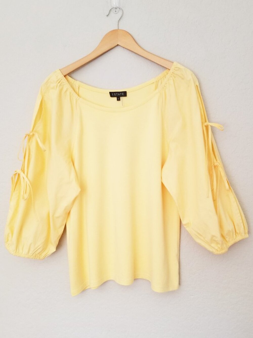 1. State Women' L Butter Yellow 3/4 Balloon Sleeve Tie Bow Blouse Top Coquette - Picture 2 of 14